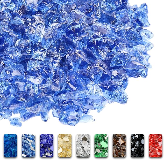 GRISUN Pacific Ocean Blue Fire Glass for Fire Pit, 10 Pounds 1/2 Inch Tempered Glass Rocks for Natural or Propane Fireplace, Safe for Outdoors and Indoors Firepit Glass