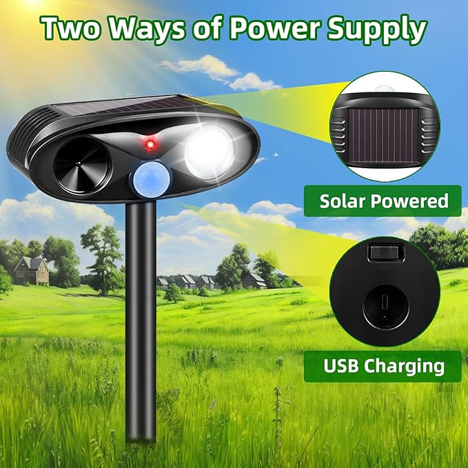 Upgraded Solar Animal Repellent Outdoor Deer Repellent Devices with Motion Sensor & Flashing Light,Ultrasonic Deterrent Control for Cat Squirrel Raccoon Dog Rabbit Skunk for Yard Garden,4 Pack Black