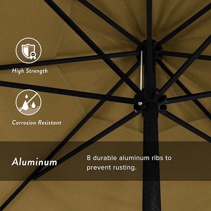 California Umbrella 9' Rd Aluminum Patio Umbrella, Crank Lift, Auto Tilt, Black Finish, Sunbrella Wheat