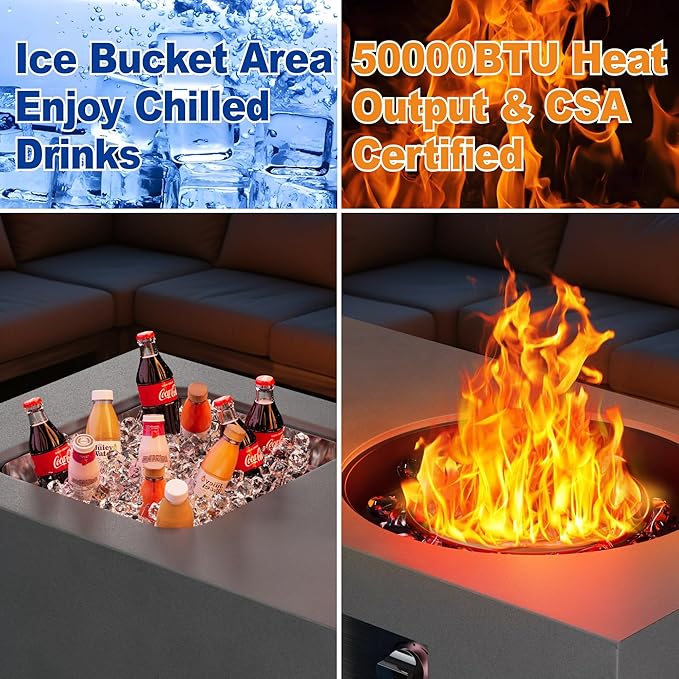 Dineli 2-Piece Outdoor Propane Fire Pit Table Set w Tank Table 48'' Rectangular Firepit w Ice Bucket Gas Fire Pits for Outside Patio Tabletop Fire Pits, 50,000 BTU, Gray