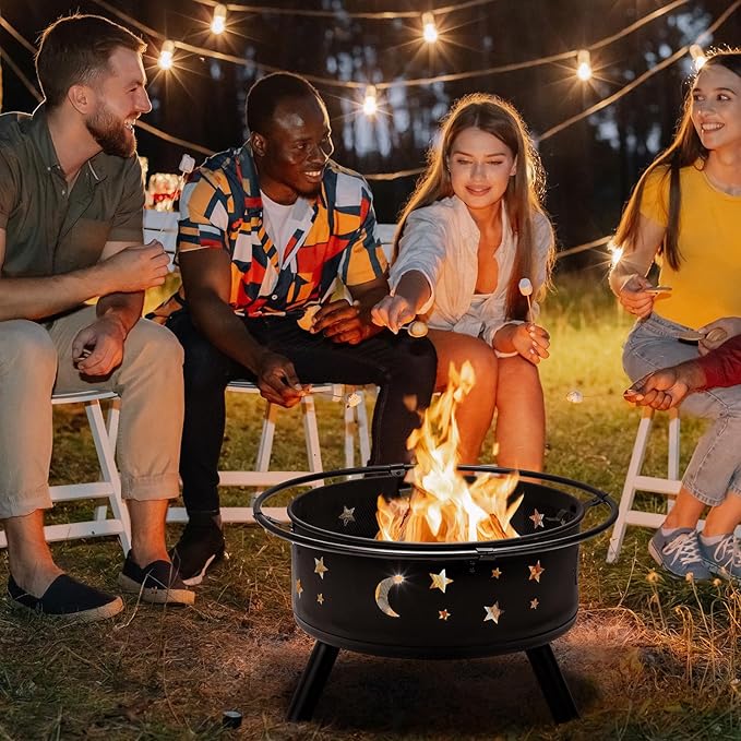 30 Inch Portable Fire Pit for Patio, Backyard, Garden, Fire Pits for Outside Wood Burning with Lid & Poker, Outdoor Firepit & Round Metal Firepit for Camping, Heating, Bonfire & Picnic