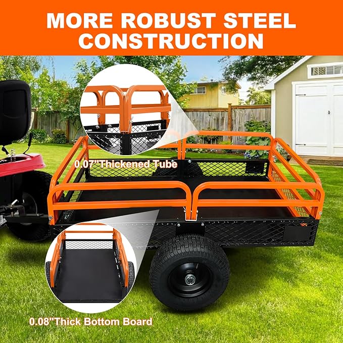 1500LB Steel Dump Cart with All-Terrain Tires & Foot-Pedal Dumping, Heavy Duty Utility Trailer for Yard, Garden, and Construction Use, Compatible with ATV and Tractor