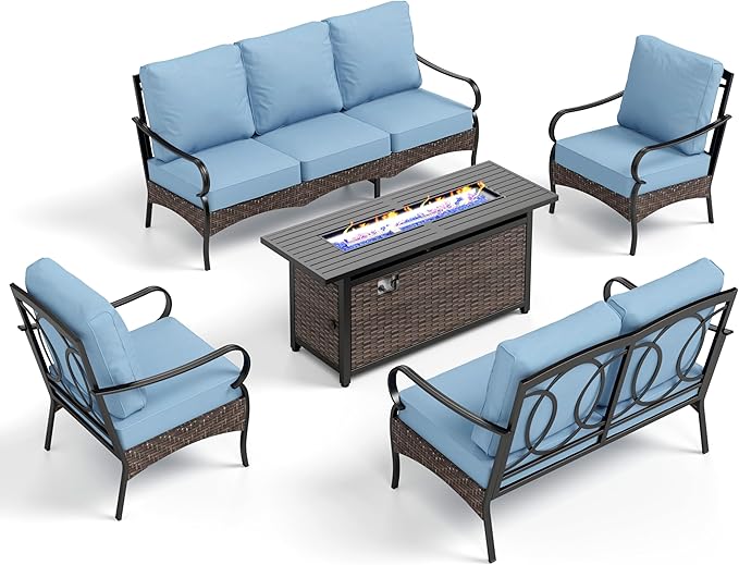 PHI VILLA Patio Furniture Set with 56" Fire Pit Table, Premium Outdoor Wicker Metal Frame Furniture with Upgraded Waterproof Thick Cushions for Porch, Poolside, Deck, and Yard
