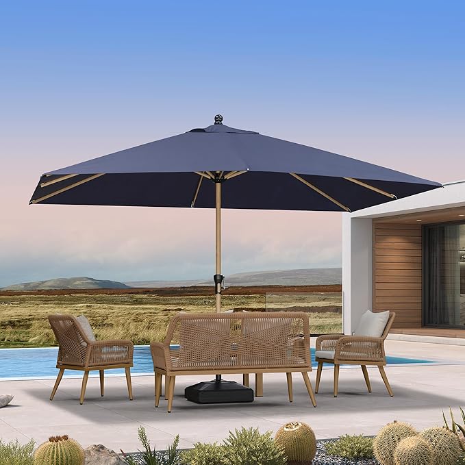 PURPLE LEAF 9' x 11.5' Patio Umbrella with Base Outdoor Umbrella Market Umbrella with Crank & 8 Ribs Aluminum Rectangular Table Umbrella Outdoor Patio for Backyard, Navy Blue