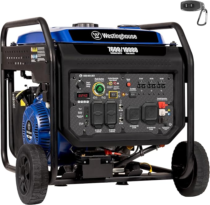 Westinghouse 10000 Peak Watt Portable Open Frame Inverter Generator, Remote Electric Start with Auto Choke, Transfer Switch Ready, Gas Powered, CO Sensor