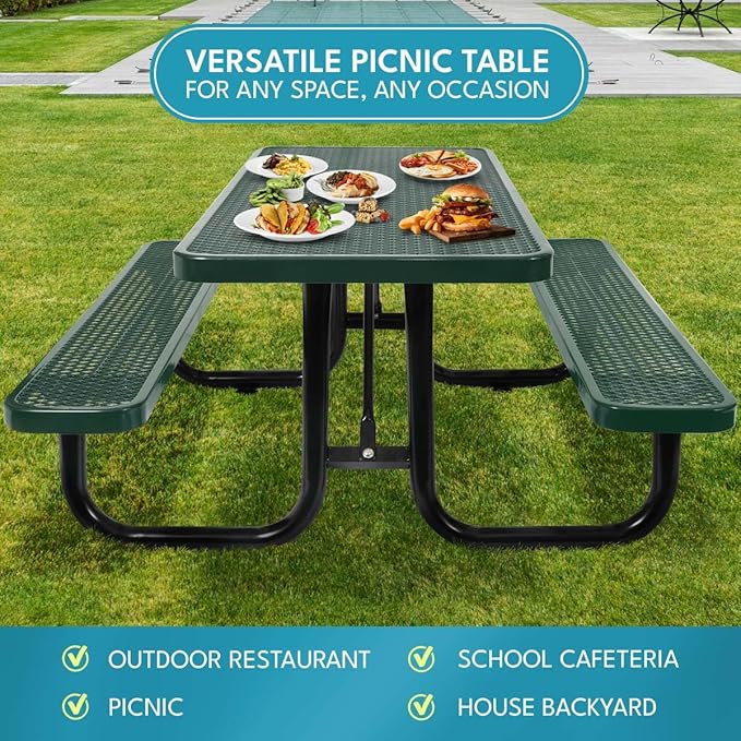 Phyfalip 6 ft. Rectangular Outdoor Steel Picnic Table with Umbrella Pole, Heavy-Duty Weather-Resistant Dining Table for Patio, Backyard, and Garden, Rust-Resistant Finish, Green