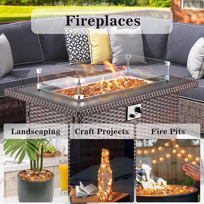 GRISUN Golden Amber Fire Glass for Fire Pit - 1/2 Inch 20 Pounds Tempered Glass Rocks for Natural or Propane Fireplace, Safe for Outdoors and Indoors Firepit Glass