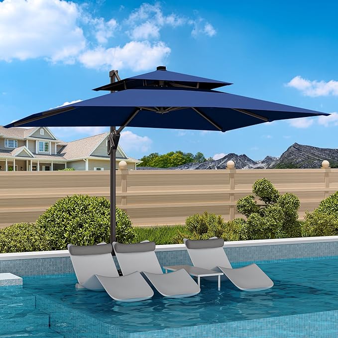 9' X 12' Cantilever Patio Umbrella Double Top Rectangular Outdoor Large Offset Umbrellas with 7 Tilts Adjustable 360°Rotation for Deck Pool Garden Backyard, Navy