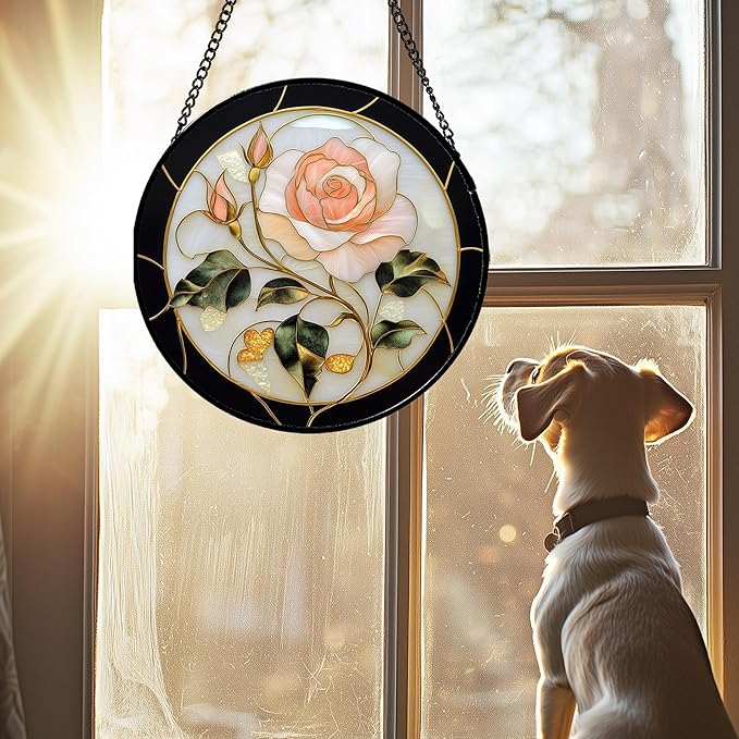 AMDERVEN Stained Glass Window Hanging - Black White Pink Rose Sun Catcher for Door Home Decor Flower Suncatcher Christmas Mother's Day Birthday Gifts for Women Men Lovers Mom Nana 11.8 in