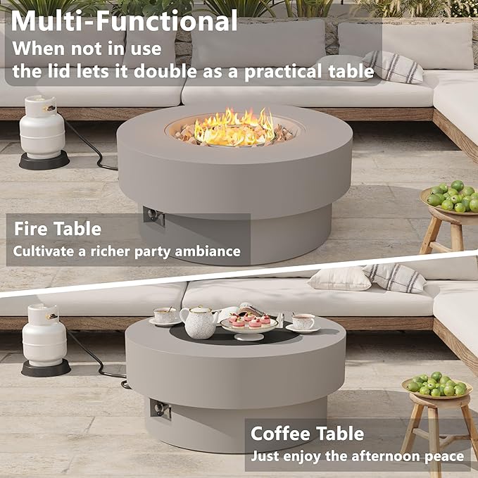 32 inch Outdoor Propane Fire Table, Round Patio Fire Pit Table, 50,000 BTU Gas FirePit with Lid, Cover, Lava Rocks, CSA Certified, Grey
