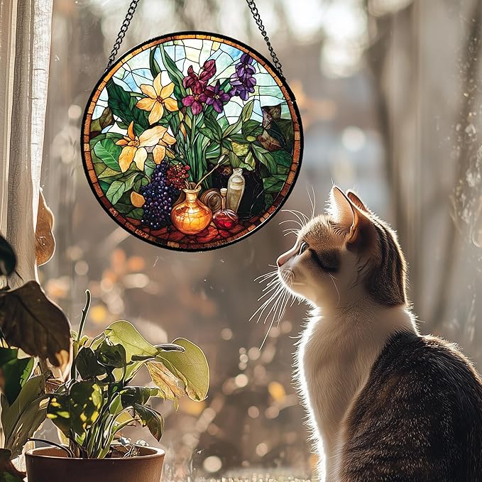 QZQCBLC Stained Glass Window Hanging Berry Plant Purple Yellow Flowers in Vase 6.3" - Suncatcher Door Garden Sun Catcher Home Decor Birthday Christmas for Mom Men Woman Nana