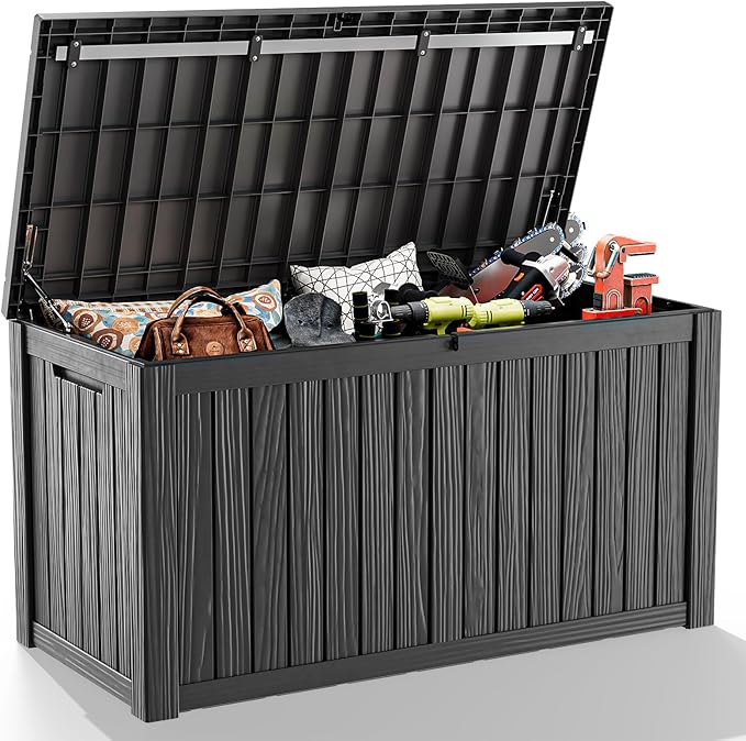 150 Gallon Deck Box,Resin Outdoor Storage Box with Lockable for Patio Furniture, Pool Accessories, Garden Tools Waterproof Outside Storage Box, Black