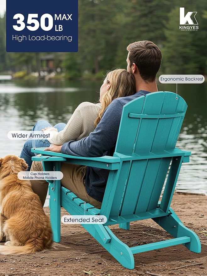 KINGYES Folding Adirondack Chair Set of 2, Dual Cup Holders & All-Weather HDPE, Wood-Like Patio Chair for Backyard, Camping, Pool & Fire Pit, Aruba