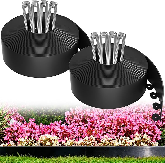 3in Tall 80ft Landscape Edging Kit with 120pcs Metal Spikes, Reinforced Rib Design,No-Dig Flexible Plastic Edge Border for Landscape, Lawn,Garden,Flower Beds,Yard,Paver,Playground, Fence,Pathway,Black