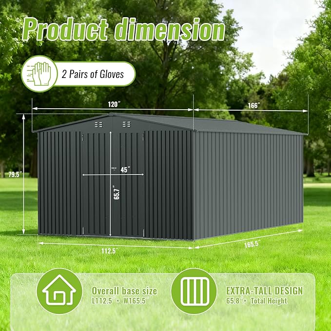 PABIMIA10X14 FT Outdoor Storage Shed, Durable Metal Outside Storage with Lockable Doors, Waterproof Storage Shed for Tools, Equipment, Ideal for Backyard Garden Patio Lawn