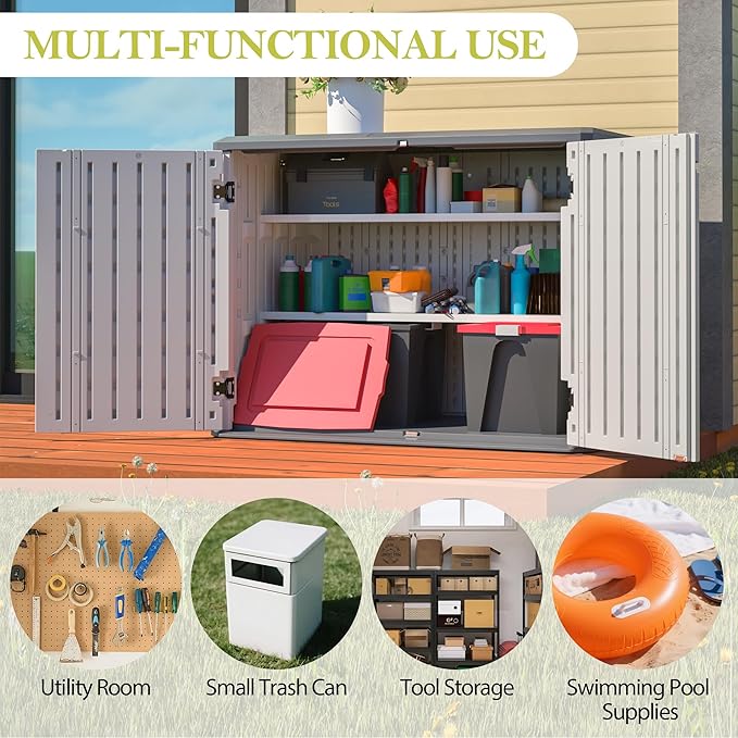 Outdoor Storage Shed Horizontal Plastic Shed W/Removable Shelf & Lockable Cabinet,Weather Resistance Foldable House W/Sloped Roof & Dual-Locking Mechanism,28 Cu.ft Garden Tool House,White