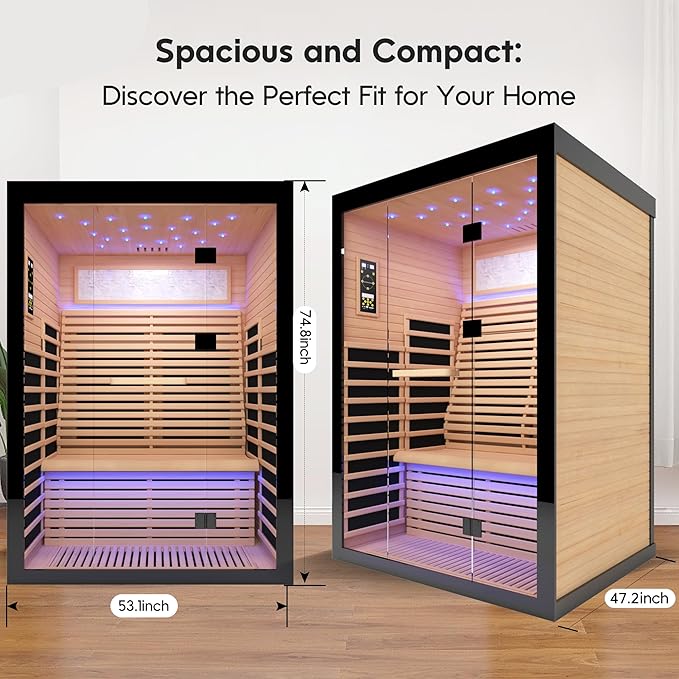2 Person Infrared Sauna Home Indoor Sauna Canadian Hemlock Wooden Dry Sauna Room Low EMF 2160W with Oxygen Bar, 7 Color Therapy 53.1" x 47.2" x 74.8"