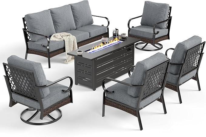 SUNSHINE VALLEY 6 Piece Black Metal Outdoor Patio Furniture Sets with Firepit Table, Patio Conversation Sets 1 3-Seater Sofa, 2 Leg Sofa and 2 Swivel Chair with 5.75" Cushion for Backyard Deck, Gray