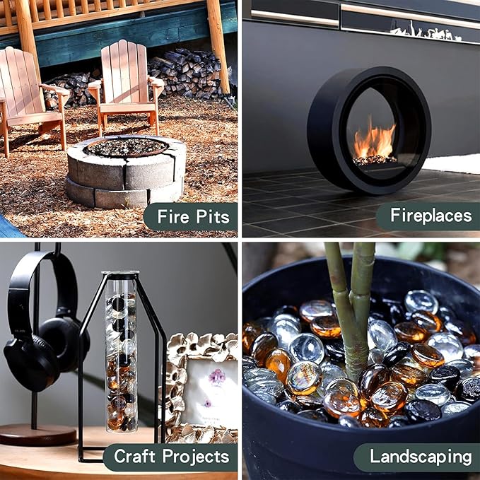 onlyfire 10 Pounds Fire Glass Beads for Propane Fire Pit and Gas Fireplace, 1/2 Inch Round Firepit Glass Rocks Flat Marbles for Fire Pit Table, Onyx Black, Crystal Ice and Caramel Luster