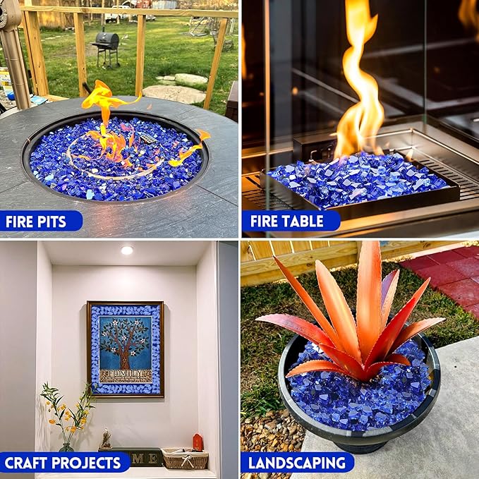 GasSaf 1/2 Inch Fire Glass Reflective Tempered Fireglass Cut Crushed FireGlass for Fire Pit, Fireplace, Replaces Existing Gas Logs & Lava Rocks (10 Pound)(Cobalt Blue Reflective)