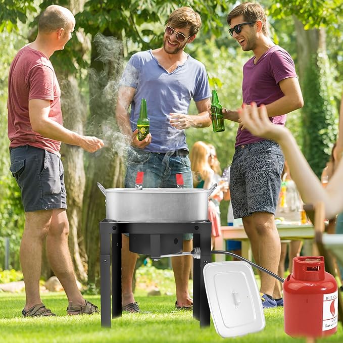 Propane Deep Fryer with 18Qt Square Deep Fryer Pot – High Grade Strainer Basket Aluminum Pot for Fish Fry, Seafood Pot – Propane Burners for Outdoor Cooking Include Lid -OT1808-2-LID