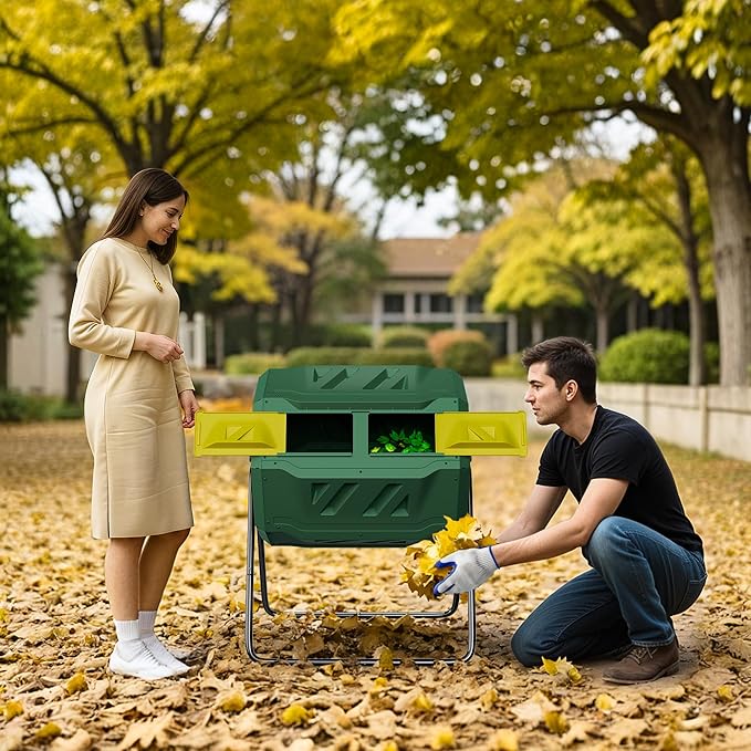 Saicool 43 Gallon Large Dual Chamber Composting Tumbler Outdoor Garden Rotating Compost Bin Tumbling Composter with Sliding Door, Green