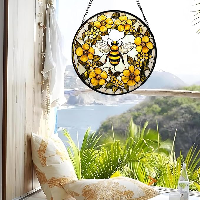 AMDERVEN Stained Glass Window Hanging - Yellow Flowers Surrounded by Bees Sun Catcher for Door Garden Home Decor Cute Suncatcher Christmas Mother's Day Birthday Gifts for Women Men Mom Nana 7.8 in
