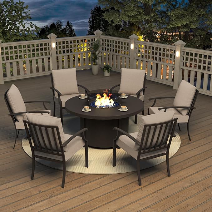 Kurapika 7 Piece Metal Outdoor Patio Furniture Set with 48" Round Fire Pit Table, Patio Conversation Sets 6 Fixed Chairs with Thick Cushion and 40000 BTU Propane Fire Pit Table, Sand