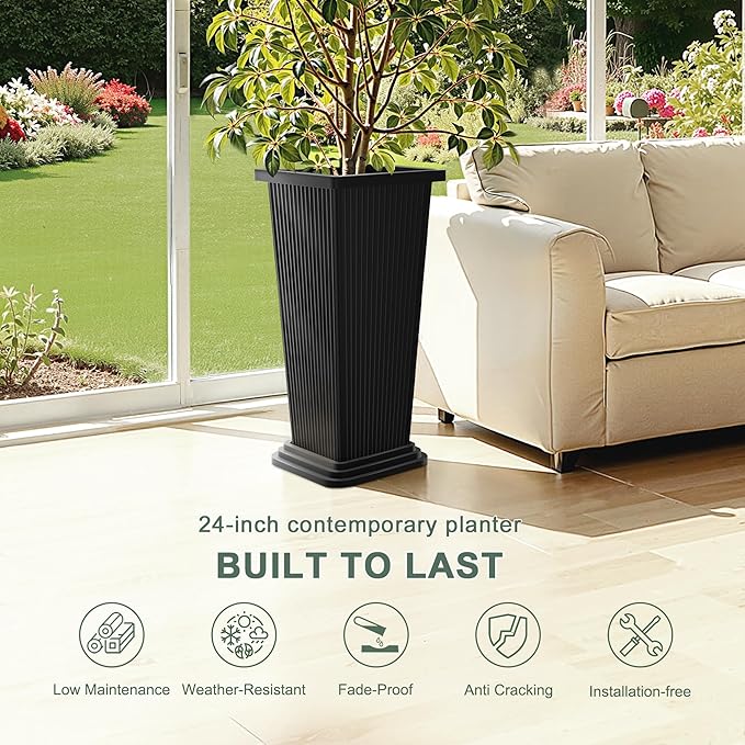 Tall Planters Set of 2, Large Indoor Outdoor Flower Pots with Tray Modern Tapered Planter for Patio, Garden, Porch, Backyard (Black Ribbed)