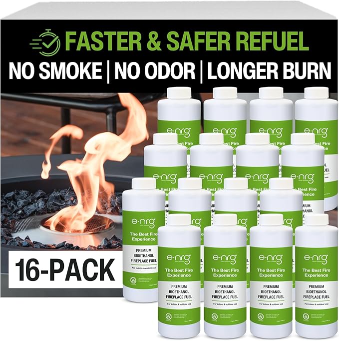 16 QUARTS Odorless, Smoke-Free Ethanol Fireplace Fuel | Best Flame, Fast Pour, Long Burn, Safety-Tested, Made in USA | Bio Ethanol Fuel for Fire Fire Pit Ethanol Fireplace | e-NRG Bioethanol