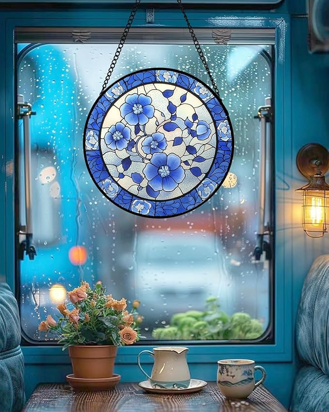 AMDERVEN Stained Glass Window Hanging, Blue and White Plum Blossom Sun Catcher for Door Home Decor Flowers Suncatcher Christmas Mother's Day Birthday Gifts for Women Men Mom and Nana 7.8 in