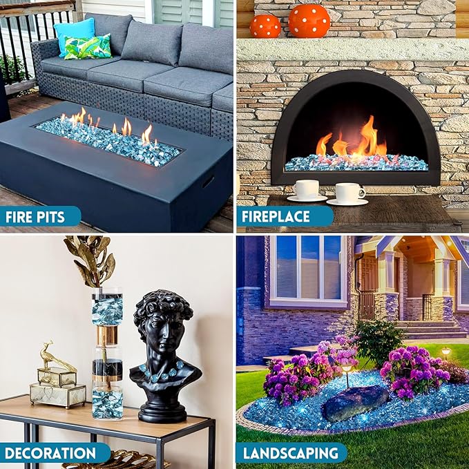 GasSaf 1/2 Inch Fire Glass Reflective Tempered Fireglass Cut Crushed FireGlass for Fire Pit, Fireplace, Replaces Existing Gas Logs & Lava Rocks (10 Pound)(Caribbean Blue Reflective).