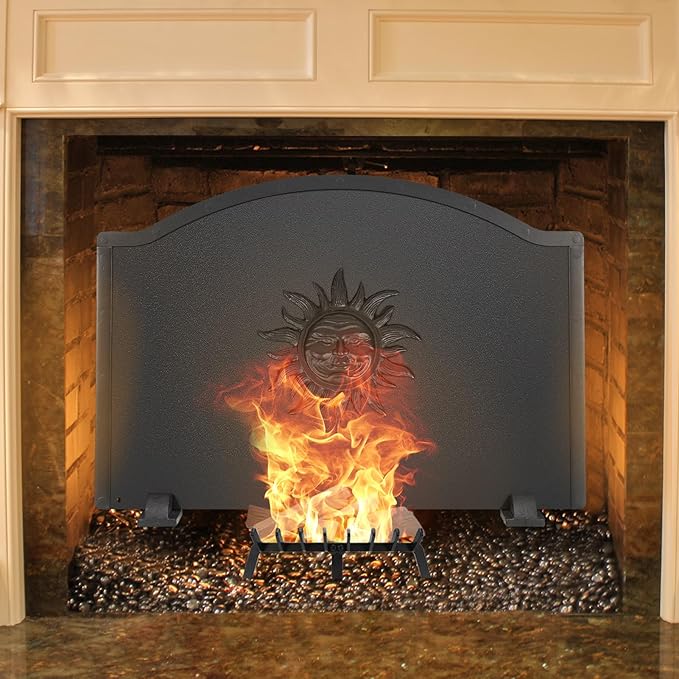 Iron Fireback with Feet - 25in Sun Fireplace Heat Reflector, Heat-Resistant Material with Decorative Design for Wall Protection