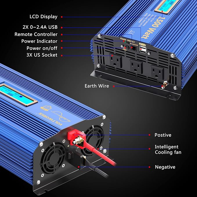 1500Watt Pure Sine Wave Inverter 12V DC to 110V 120V AC Power Inverter with Remote Control LCD Display and 2x2.4A USB Ports 3 AC Outlets Compatible with Lithium Battery for Home RV Truck by VOLTWORKS
