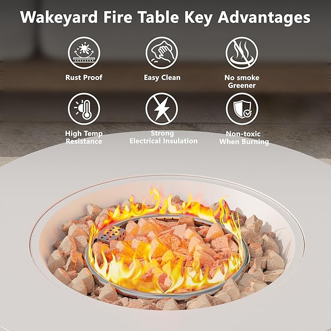32 inch Outdoor Propane Fire Table, Round Patio Fire Pit Table, 50,000 BTU Gas FirePit with Lid, Cover, Lava Rocks, CSA Certified, White