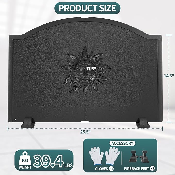 Iron Fireback with Feet - 25in Sun Fireplace Heat Reflector, Heat-Resistant Material with Decorative Design for Wall Protection