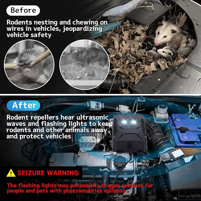 Ultrasonic Rodent Repellent, 2 Pack Plug-in Mouse Rat Pest Bat Squirrels Skunks Repellent for Car with Battery Powered Under Hood, Keep Mice Out of Cars Engines, Indoor, Garage, Storage Room