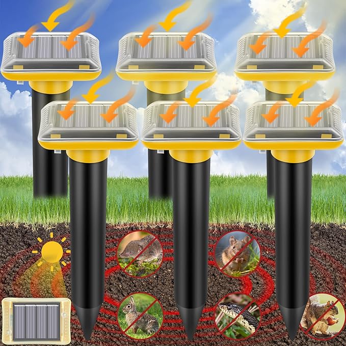 Mole Repellent Solar Powered,2025 Upgraded Gopher Repellent Ultrasonic Solar Powered,Vole Repeller Outdoor for Lawns Garden Yard,Gopher Trap Killer for Mole,Snake (Yellow,6 Pack)