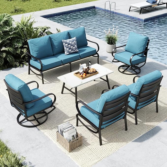 MFSTUDIO 6 Pieces Metal Patio Furniture Sets, 2 Swivel Chairs, 3-Seat Loveseat Sofa, 2 Patio Chairs & 1 Marbling Coffee Table, All Weather 7 Seats Outdoor Conversation Set for Garden Backyard, Navy