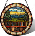 QZQCBLC Stained Glass Window Hanging Retro Books Scenery Large 15" - Abstract Suncatcher Door Garden Sun Catcher Home Decor Birthday Christmas for Mom Men Woman Nana Friend Wife