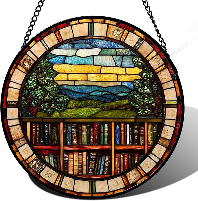 QZQCBLC Stained Glass Window Hanging Retro Books Scenery 6.3" - Abstract Suncatcher Door Garden Sun Catcher Home Decor Birthday Christmas for Mom Men Woman Nana Friend Wife