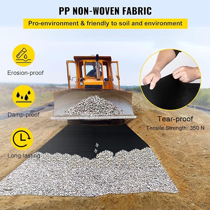 VEVOR Geotextile Landscape Fabric, 3ft x 100ft 4 oz, Non-Woven PP 350N Tensile Strength & 440 N Load Capacity, Drainage Ground Cover, Garden Weed Barrier, French Drains, Black