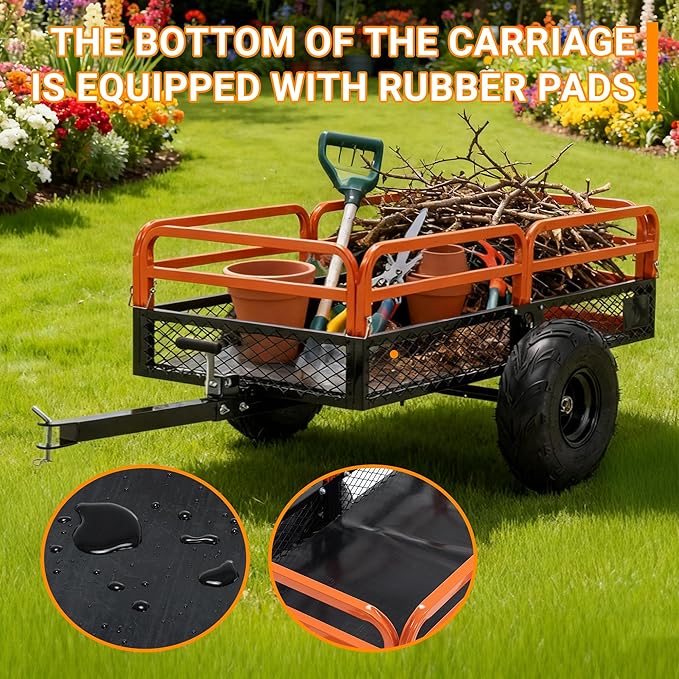 Heavy Duty ATV UTV Trailer Tow Behind Dump Cart, 1500lbs 15 Cubic Feet, Yard Garden Trailer Pull Behind Dump for Lawn Mower Tractor Garden Waste