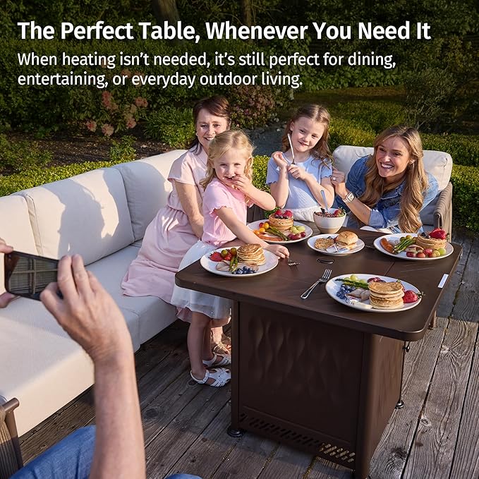 EAST OAK 28" Upgraded Outdoor Propane Fire Pit Table | 52,000 BTU Gas Fire Pit Table for Outside with Magnetic Lid | Storage Basket & Lava Rocks | CSA Certified for Patio, Garden & Backyard | Brown