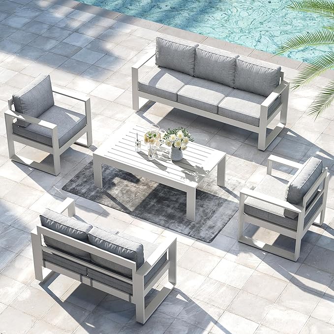 LayinSun 5 Pieces Aluminum Outdoor Patio Furniture Set, Metal Modern Conversation Sofa Set with Coffee Table and Washable Thick Cushions for Porch, Backyard, Deck