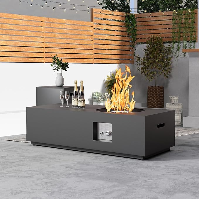 Dineli 2-Piece Outdoor Propane Fire Pit Table Set w Tank Table 48'' Rectangular Firepit Gas Fire Pits for Outside Patio Fire Table Tabletop Fire Pits w CSA Certified, 50,000 BTU, Black
