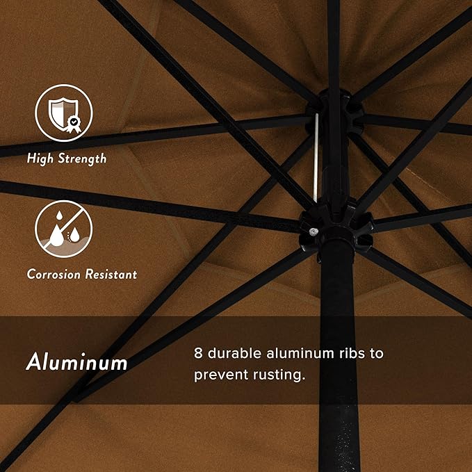 California Umbrella 9' Rd Aluminum Patio Umbrella, Crank Lift, Auto Tilt, Black Finish, Sunbrella Tuscan
