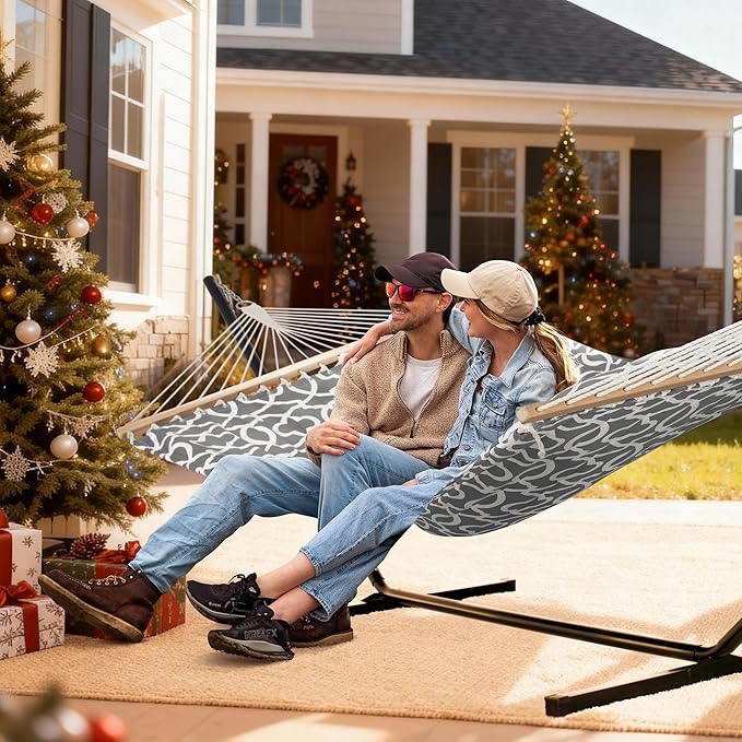 SUNCREAT 55 Inch Extra Large Double Hammock with Stand, 475lbs Capacity, Outdoor Portable Hammock with Hardwood Spreader Bar, Extra Large Pillow, Grey
