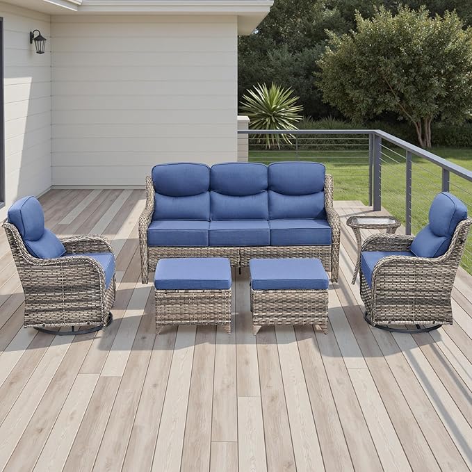 Rilyson Wicker Outdoor Patio Furniture Set - 8 Piece Patio Conversation Sets with Swivel Rocker Chairs, Ottomans, Sofa and Coffee Table, 6 inch Cushions, Deep Seating, for Porch Deck Mixed Grey/Blue
