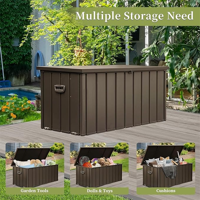 CHUNLY 120 Gallon Outdoor Deck Box, Waterproof Patio Storage Box Storage Bench for Outside Cushions, Garden Tools, Pool Accessories (Dark Brown)